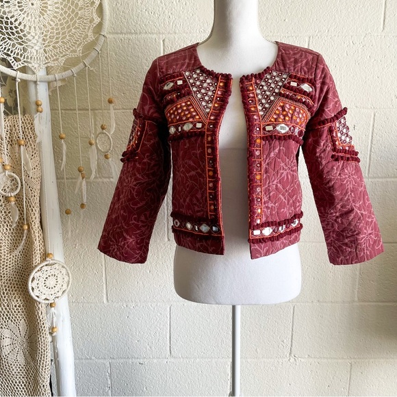 NWOT Boho Mirror Work & Bead Details Wine Blazer - Picture 11 of 16